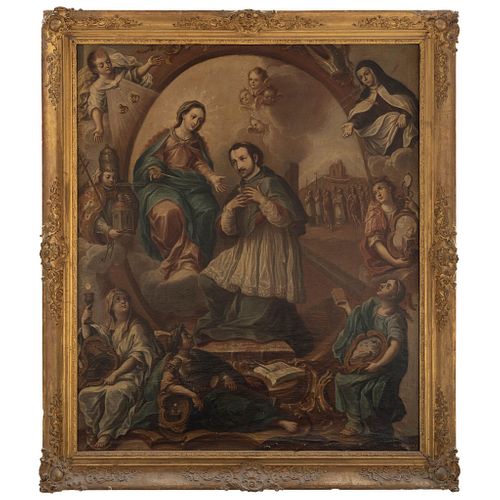 JOSÉ JOAQUÍN MAGÓN PUEBLA (ACTIVO 1742-1764) ALEGORÍA DEL OBISPO JUAN DE PALAFOX Y MENDOZA Óleo sobre tela Firmado: Magon. 127 x 106 cm