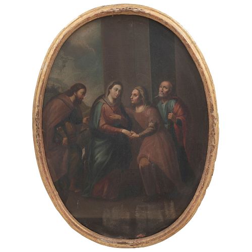 LA VISITACIÓN SIGLO XVIII Óleo sobre tela Detalles de conservación. 124 x 94 cm
