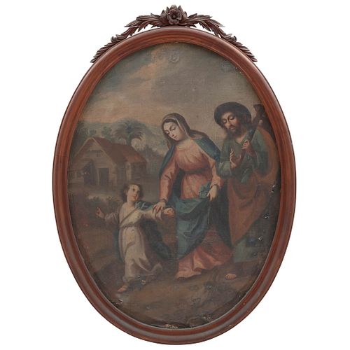 EL REGRESO DE LA SAGRADA FAMILIA A NAZARETH MÉXICO, SIGLO XVIII Óleo sobre tela Detalles de conservación. 126 x 94 cm