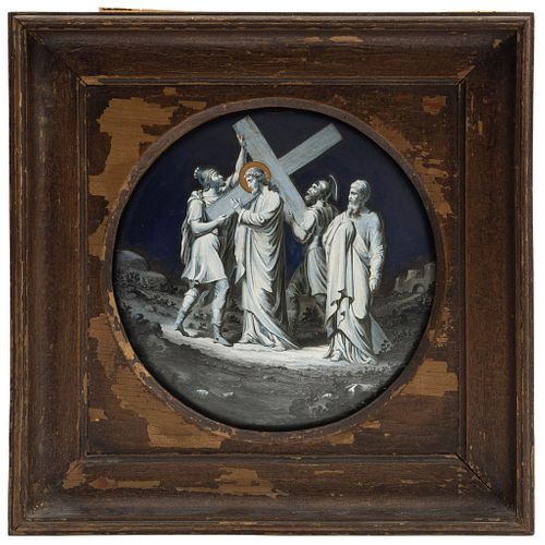 SIMÓN CIRINEO AYUDA A CRISTO A LLEVAR LA CRUZ  EUROPA, SIGLO XIX  Esmalte pintado sobre placa de porcelana. 27 cm de diámetro