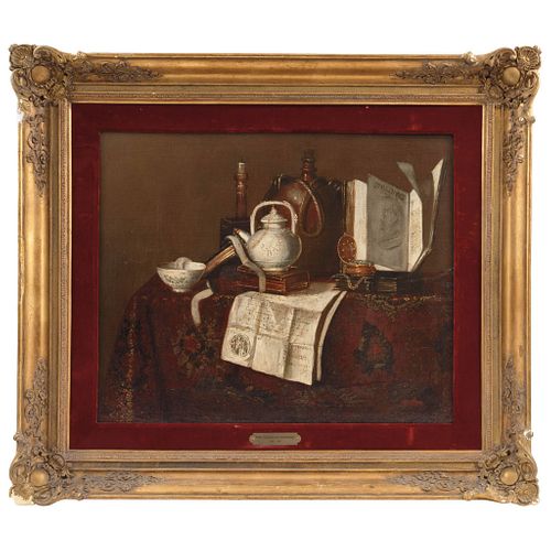 PIETER GERRITSZ VAN ROESTRATEN  HOLANDA, (1630 - 1700) NATURALEZA MUERTA CON TETERA, LIBROS Y CARTA Óleo sobre tela 59 x 71 cm