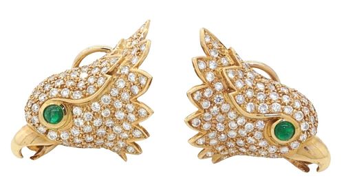 Estate 18K Gold Diamond & Emerald Eagle Earrings