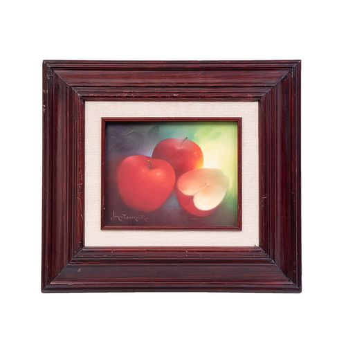 JORGE EDGARDO RAMÍREZ (Ciudad de México, 1940 - ) Manzanas. Firmada. Óleo sobre tela. 19. 5 x 24.5 cm Enmarcada.