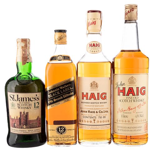 Lote de Whisky. Haig. St. James's. Johnnie Walker. En presentaciones de 750 ml. y 1 Lt. Total de piezas: 4.