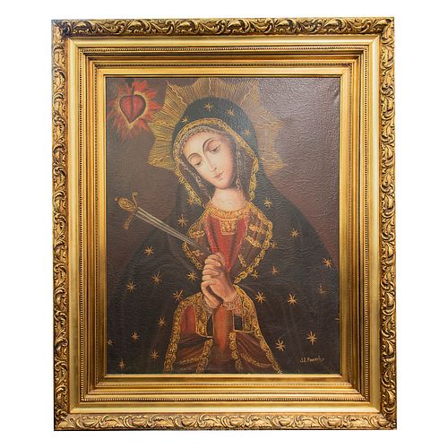 FIRMADO J.J. PARRECH SIGLO XX Virgen dolorosa Óleo sobre tela  93.5 x 73.5 cm  Detalles de conservación Enmarcado