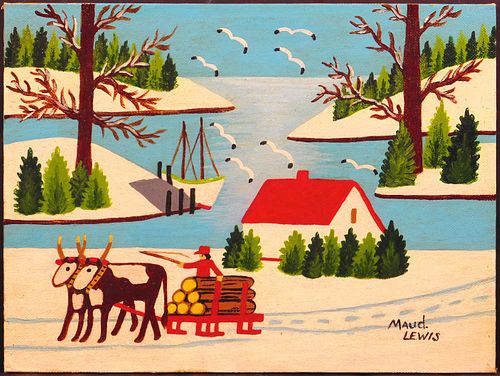 Maud Lewis, Manner of/ Attributed: Oxen Hauling Logs
