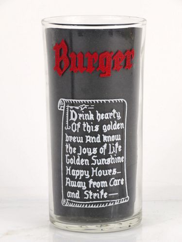 1940 Burger Beer 4¾ Inch Tall Straight Sided ACL Drinking Glass Cincinnati, Ohio