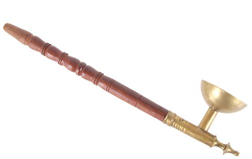 Asian Scrolled Wood And Brass Opium Pipe
