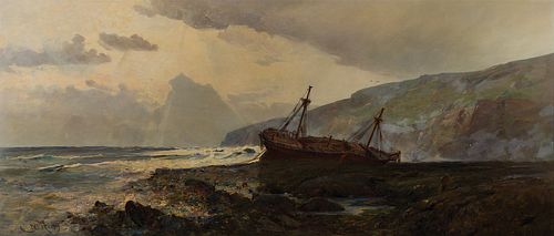 Charles Napier Hemy, Br. 1841-1917, Wreck at Low Tide, Oil on canvas, framed