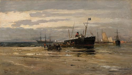 Ross Turner, Am. 1847-1915, Ships at Dusk, 1886, Oil on canvas, framed