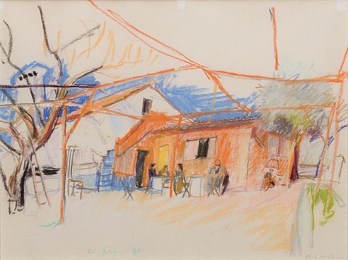 Wolf Kahn, Am. 1927-2020, Cafe with Figures, 1984, Pastel on paper, framed under glass