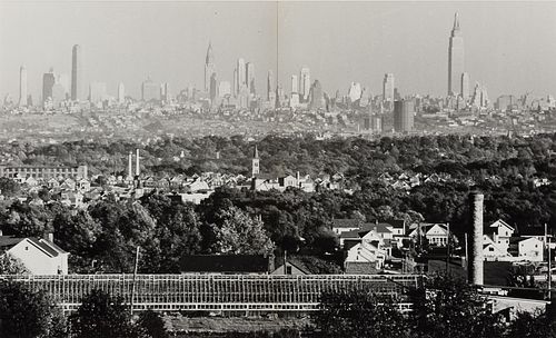Andreas Feininger, Fr. 1906-1999, "N.Y. Skyline Seen From Foot of Great Notch Mt." 1941, Gelatin silver print, two part panorama, framed under glass
