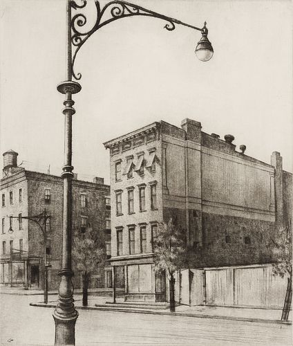 Armin Landeck, Am. 1905-1984, York Avenue Tenements, 1938, Etching on paper, framed under glass