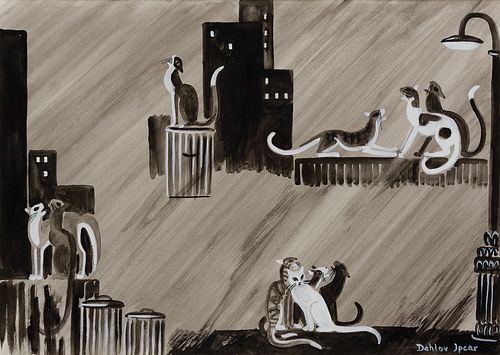 Dahlov Ipcar, Am. 1917-2017, "Cats at Night", Watercolor on paper, framed under glass