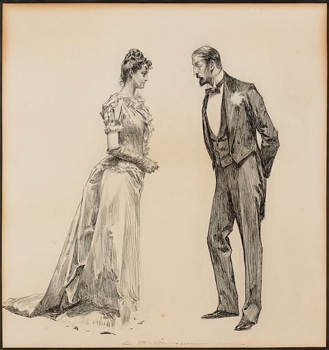 Charles Dana Gibson, Am. 1867-1944, Courtship, Ink on paper, framed under glass