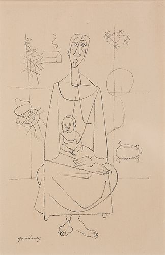 Robert Gwathmey, Am. 1903-1988, Mother and Child, Ink on paper, framed under glass