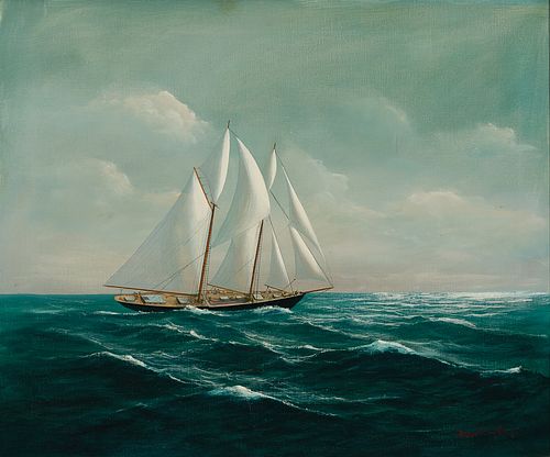 Robert Lee Perry, Am. 1909-1981, "Gloucester Banks Fishing Schooner, Columbia", Oil on canvas, framed