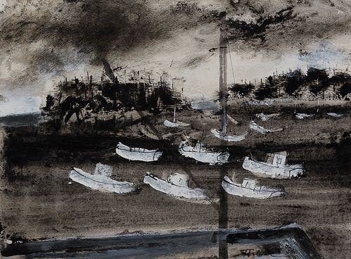 William Thon, Am. 1906-2000, "The Moorings", Mixed media on paper, framed under glass
