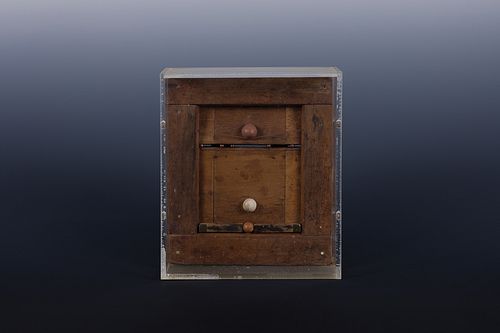 Alfred DeCredico, Am. 1944-2009, Floating, Wood and metal assemblage in acrylic case