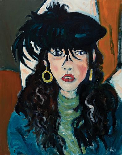 Philip Barter, Am. b. 1939, "Girl with Feathered Hat" 1989, Oil on canvas, framed