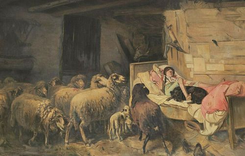 GIRL & SHEEP OIL PAINTING