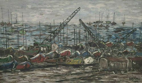 BOATS & CRANES OIL PAINTING