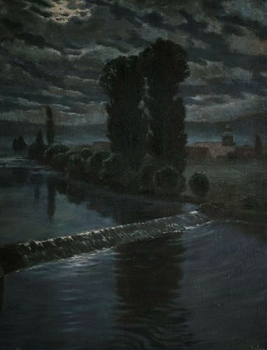 NIGHT RIVER LANDSCAPE OIL PAINTING