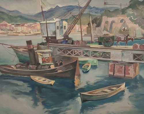 PORT WITH BOATS OIL PAINTING