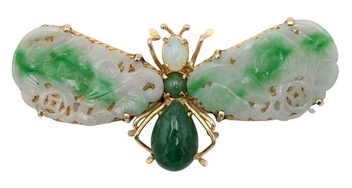 14 Karat Gold Jadeite and Opal Butterfly Brooch