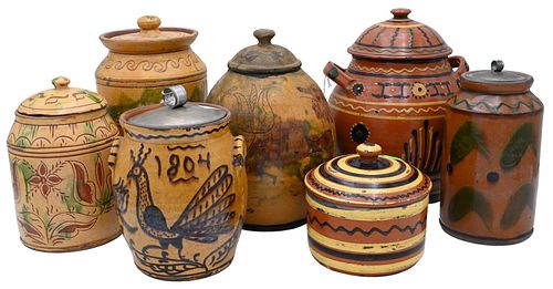 Seven Greg Shooner Redware Pottery Covered Jars
