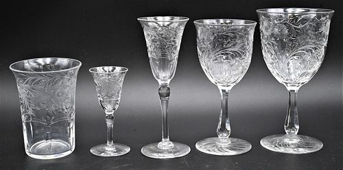 Group of 50 Pieces of Etched Glass Crystal Stemware