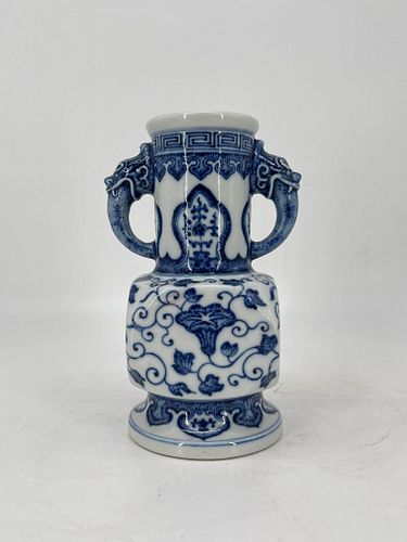 Blue and white floral double elephant-eared vase