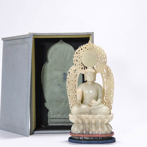 Carved Chinese White Jade Figure of Medicine Buddha,Qing Dynasty