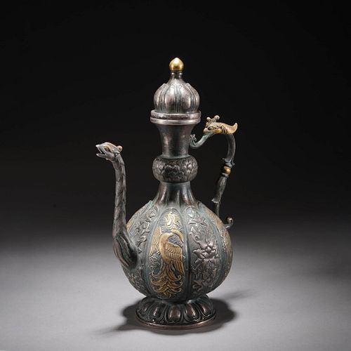 Sterling silver gilding 'PHOENIX' ewer, Qing Dynasty 