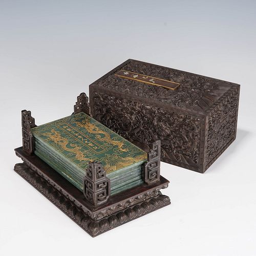 Inscribed green jade ornaments with red sandalwood box, Qing Dynasty