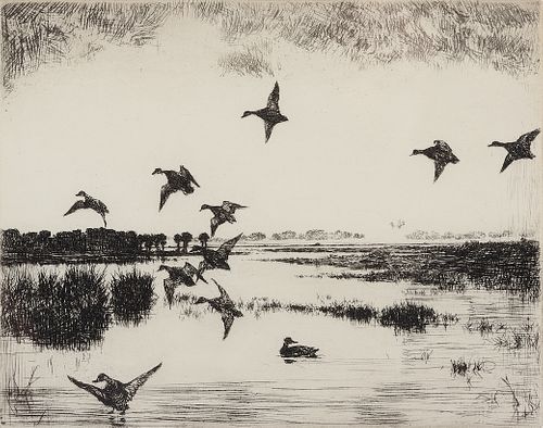 Frank Benson, Am. b. 1976, Ducks on a Pond, Etching on paper, framed under glass