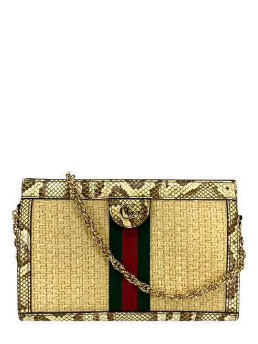 GUCCI Raffia and Snakeskin GG Small Ophidia Chain Shoulder Bag NEW