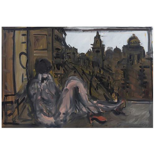 PHIL KELLY, Ciudad desnuda, Firmado y fechado 93 al frente y al reverso, Óleo sobre tela, 100 x 150 cm