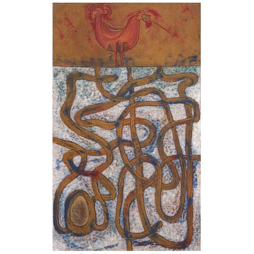 ROLANDO ROJAS, Sin título, Firmado, Óleo y arena sobre tela, 100 x 60 cm