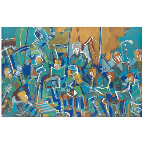 RAY HERRERA - LEGUIZAMO, Concierto de orquesta II, Firmado y fechado 1987, Óleo sobre cartón, 83 x 130 cm