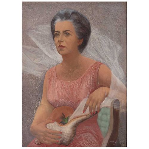 LUIS NISHIZAWA, Retrato de Doña Alicia Aragón y Rodríguez, Firmado y fechado 67, Óleo sobre tela sobre masonite, 89.5 x 65 cm