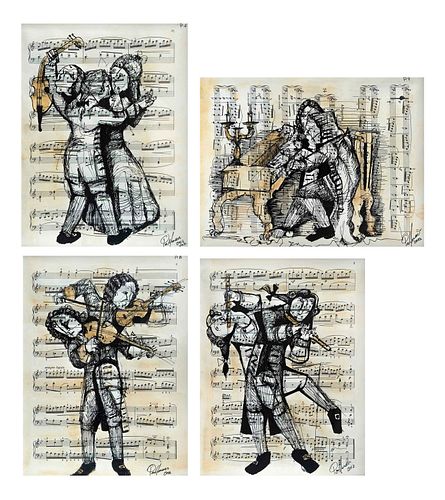 RICARDO POLLMAN, Sin título, de la serie Partituras de Händel, Firmadas y fechadas 2012, Tinta sobre partitura, 29 x 22 cm c/u,Piezas:4