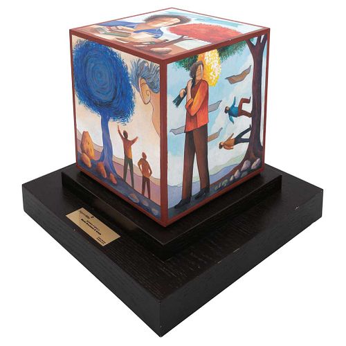 ÁLVARO SANTIAGO, Sin título, Firmado y fechado 2M12, Óleo/madera ensamblada en cubo en base de madera, 36.7 x 40.5 x 40.5 cm totales