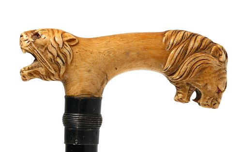 19C LION & TIGER Ivory Walking Stick