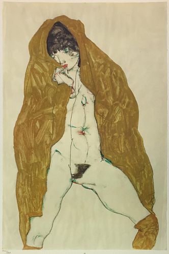 Egon Schiele (After) - Female Nude with Yellow Shawl