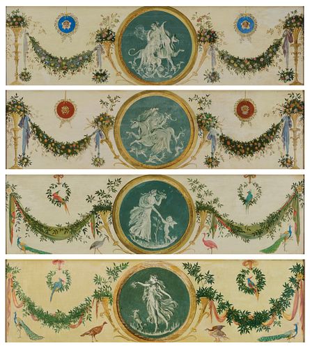 Rosina Emmet Sherwood, Am. 1854-1948, Four Works: 1] Decorative Pediment Painting with Blue Muses 2] Decorative Pediment Painting with Red Muses 3] De