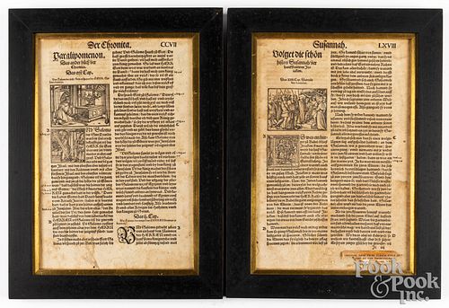 Pair of framed early bible leaves