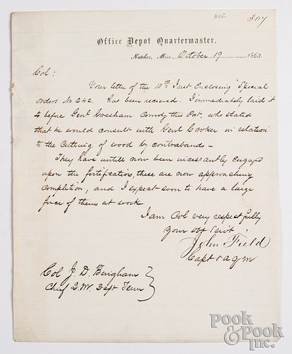 Slavery related Civil War manuscript letter