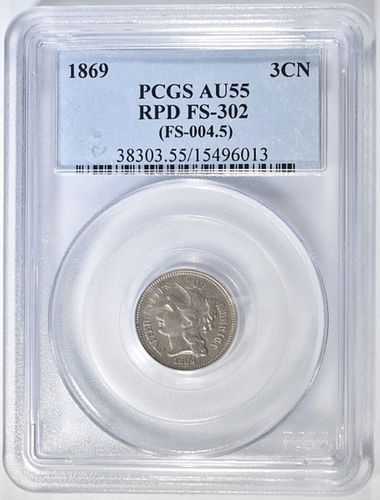 1869 3-CENT NICKEL  PCGS AU-55