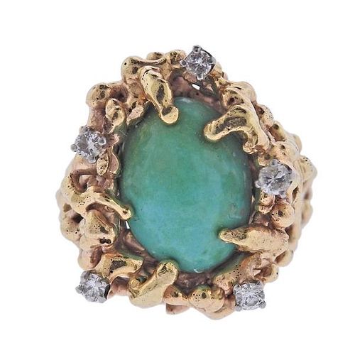 1970s 14k Gold Diamond Turquoise Ring